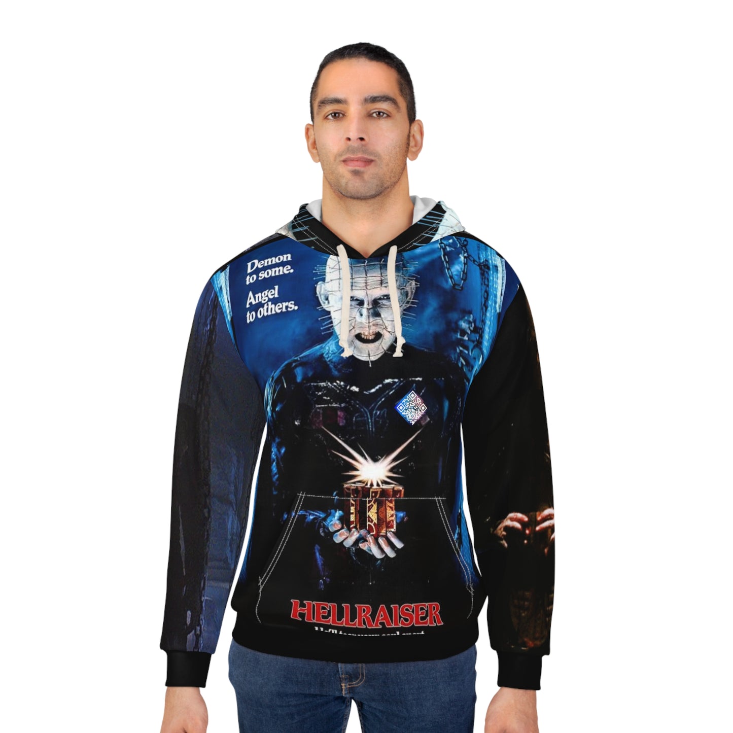 Hellraiser Tribute Digital Pullover Hoodie, Horror Movie Apparel, AOP Sweater, Gift for Fans, Halloween Outfit, Graphic Hoodie