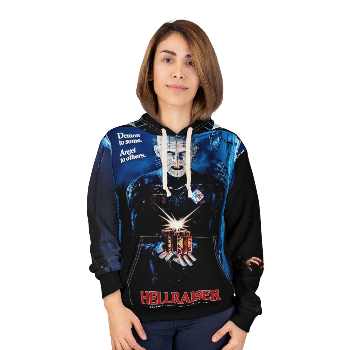 Hellraiser Tribute Digital Pullover Hoodie, Horror Movie Apparel, AOP Sweater, Gift for Fans, Halloween Outfit, Graphic Hoodie
