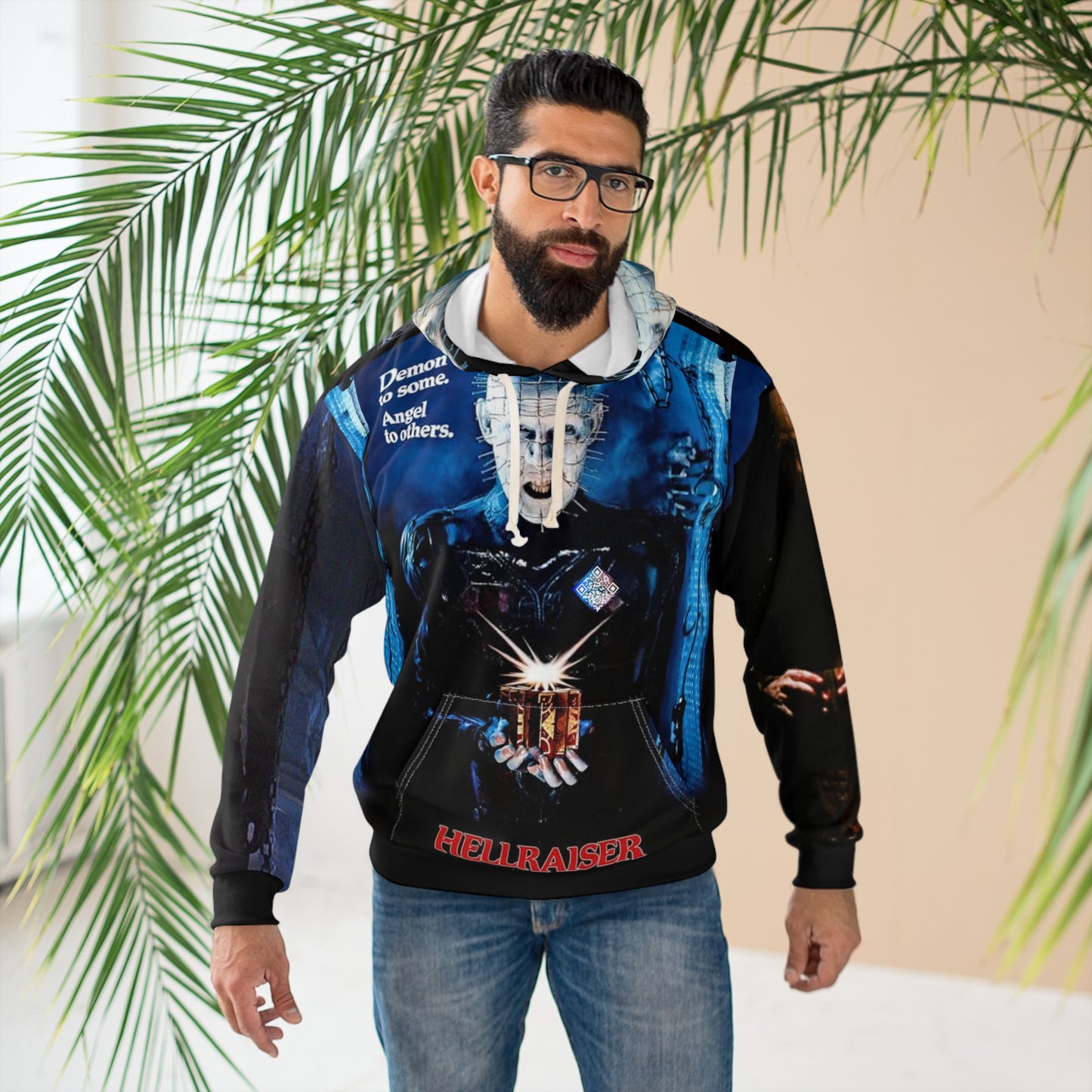 Hellraiser Tribute Digital Pullover Hoodie, Horror Movie Apparel, AOP Sweater, Gift for Fans, Halloween Outfit, Graphic Hoodie