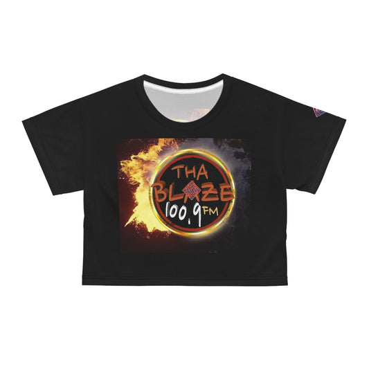 Stylish Graphic Crop Tee for Trendsetters - Digital Broadcast Blaze 100.9 Design