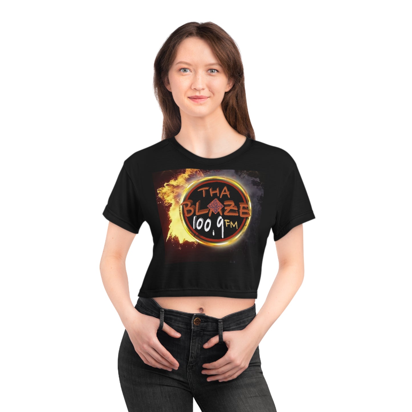 Stylish Graphic Crop Tee for Trendsetters - Digital Broadcast Blaze 100.9 Design