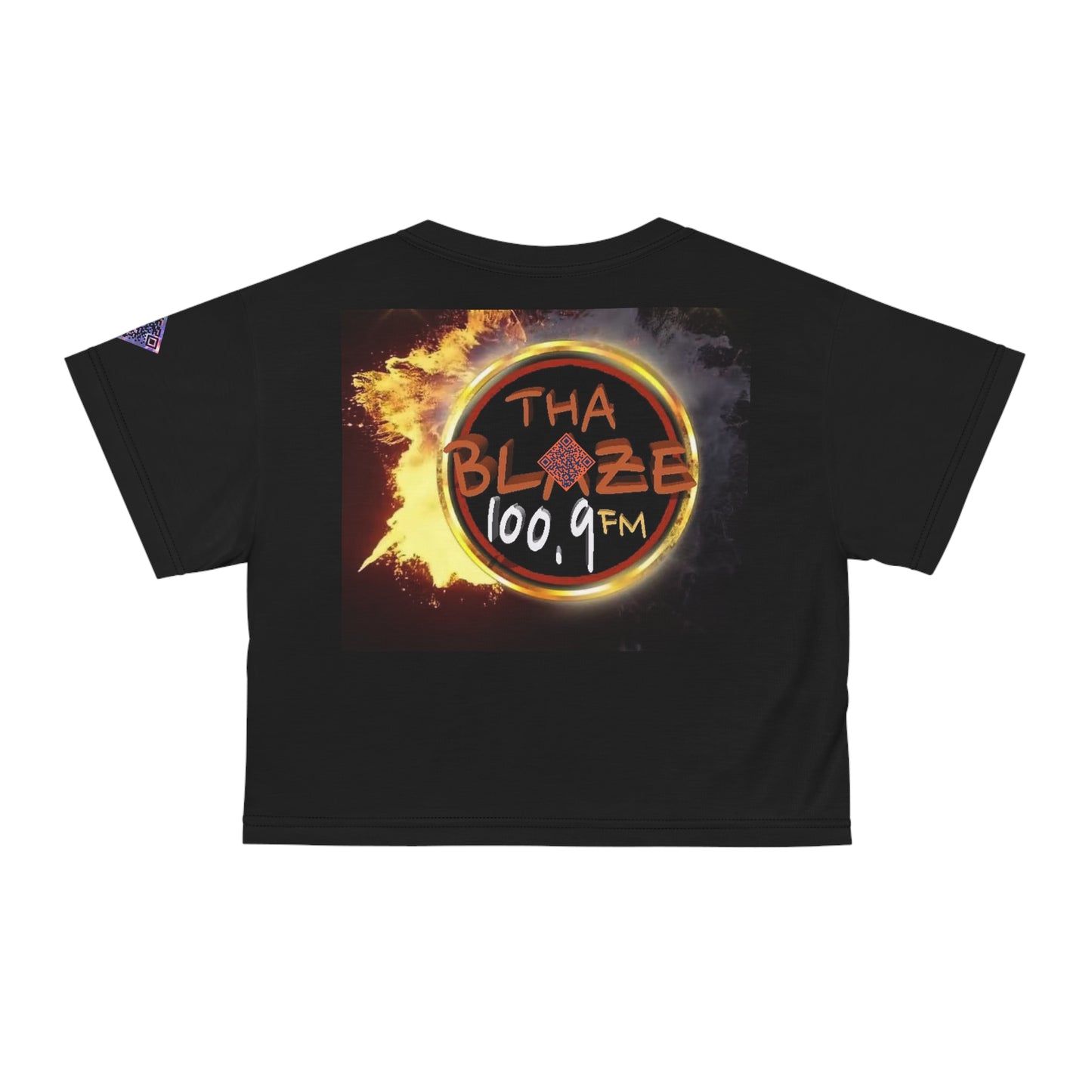 Stylish Graphic Crop Tee for Trendsetters - Digital Broadcast Blaze 100.9 Design