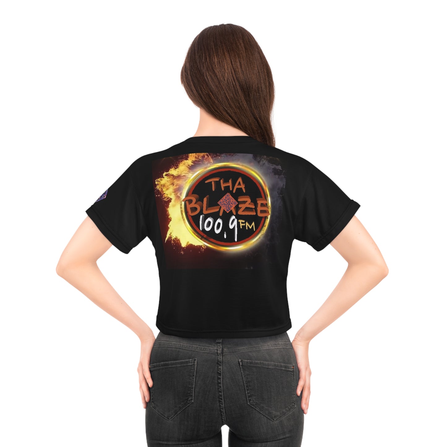 Stylish Graphic Crop Tee for Trendsetters - Digital Broadcast Blaze 100.9 Design